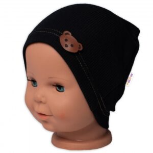 Baby Nellys Žebrovaná čepice Medvídek - černá, vel. 80/86