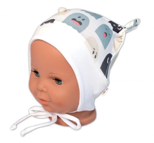 Kojenecká čepička uzlíček na zavazování - Příšerky, bílá/mátová, Baby Nellys - Obrázek 2