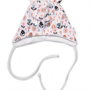 Baby Nellys Kojenecká čepička s oušky na zavazování - Palouček, bílá, vel. 68/74
