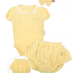 Baby Nellys 3-dílná mušelínová soupravička, body, kraťasky + čelenka GIRL, žlutá