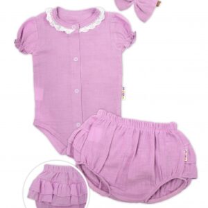 Baby Nellys 3-dílná mušelínová soupravička, body, kraťasky + čelenka GIRL, lila