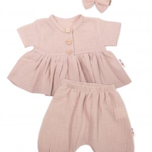 Baby Nellys 3-dílná mušelínová soupravička, tunika/halenka, kraťasky, čelenka, béžová