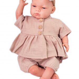 Baby Nellys 3-dílná mušelínová soupravička, tunika/halenka, kraťasky, čelenka, béžová