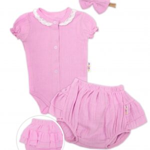 Baby Nellys 3-dílná mušelínová soupravička, body, kraťasky + čelenka GIRL, růžová, vel. 68