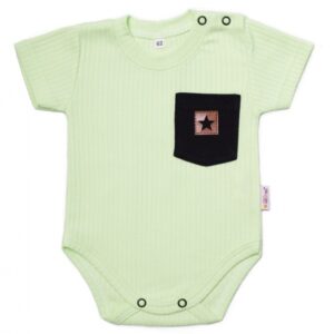 Baby Nellys Bavlněné žebrované body s kapsičkou, kr. rukáv, Summer Boy - zelené, vel.86