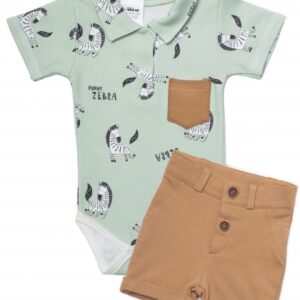 Baby Nellys 2-dílná sada body kr. rukáv, kraťásky, Zebra - mátová, hnědá