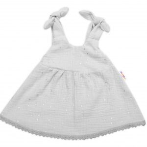 Baby Nellys Letní lehoučké mušelínové šaty Summer Stars - šedé, vel. 80/86