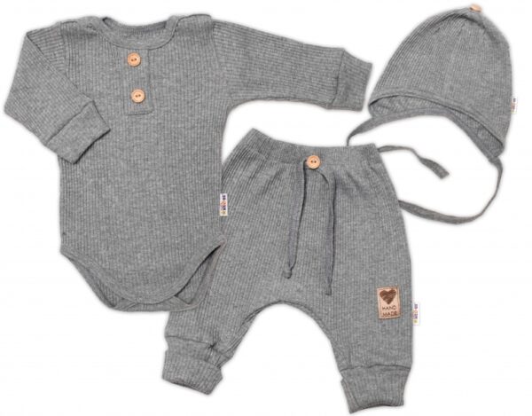Baby Nellys 3-dílná žebrovaná soupr. Hand Made, body, tepláčky a čepička, šedá - Image 2