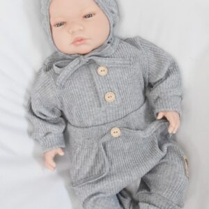 Baby Nellys 3-dílná žebrovaná soupr. Hand Made, body, tepláčky a čepička, šedá