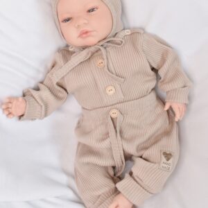 Baby Nellys 3-dílná žebrovaná soupr. Hand Made, body, tepláčky a čepička, béžová