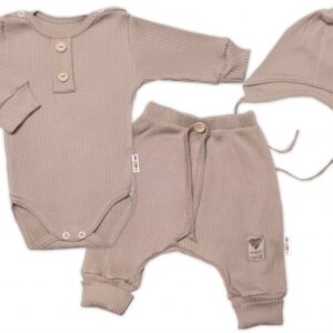 Baby Nellys 3-dílná žebrovaná soupr. Hand Made, body, tepláčky a čepička, béžová, vel. 68