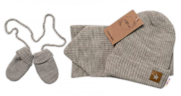 Baby Nellys Pletená čepice s šálou a rukavičky 3v1, STAR - béžová, vel. 56/62 - Image 4