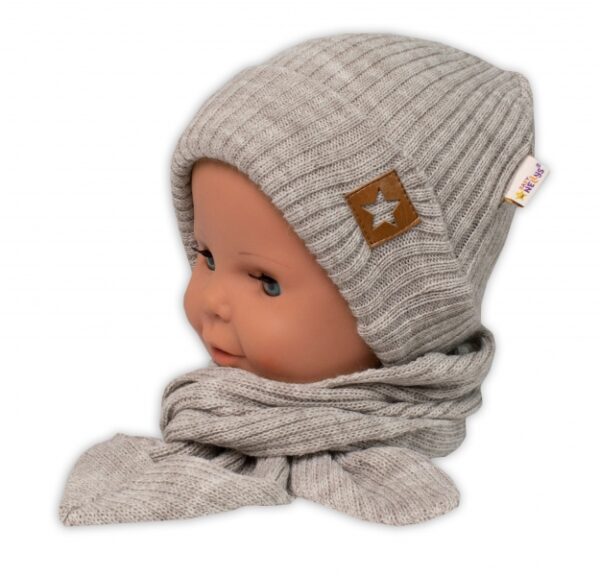 Baby Nellys Pletená čepice s šálou a rukavičky 3v1, STAR - béžová, vel. 56/62 - Image 6