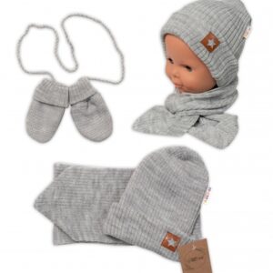 Baby Nellys Pletená čepice s šálou a rukavičky 3v1, STAR - šedá