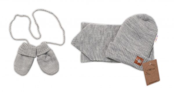 Baby Nellys Pletená čepice s šálou a rukavičky 3v1, STAR - šedá - Image 3