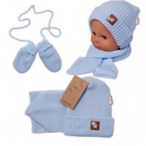 Baby Nellys Pletená čepice s šálou a rukavičky 3v1, STAR - sv. modrá