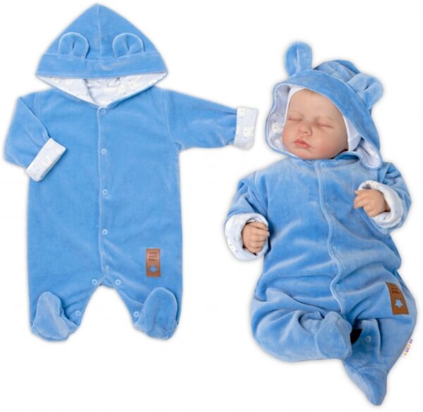Semiškový, velurový overal s kapucí Baby Nellys New Bunny, modrý, vel. 74 - Obrázek 6