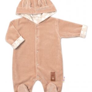 Semiškový, velurový overal s kapucí Baby Nellys New Bunny, hnědý, vel. 86