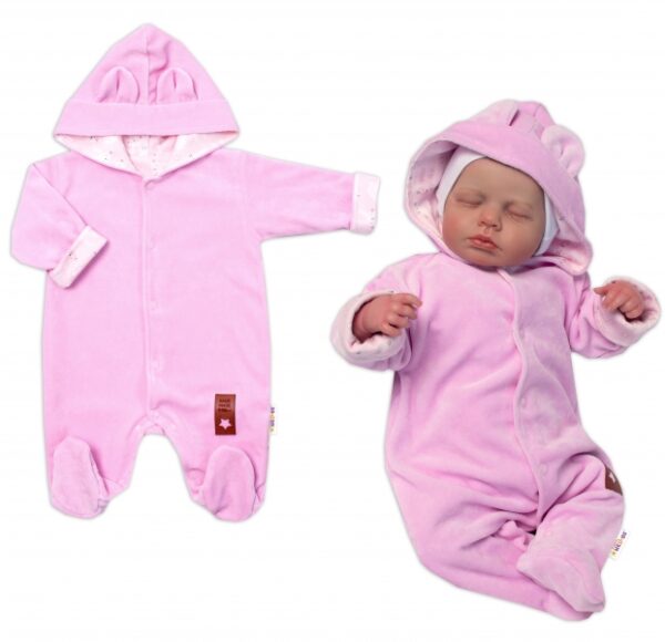 Semiškový, velurový overal s kapucí Baby Nellys New Bunny, růžový, vel. 68 - Image 5