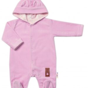 Semiškový, velurový overal s kapucí Baby Nellys New Bunny, růžový, vel. 80