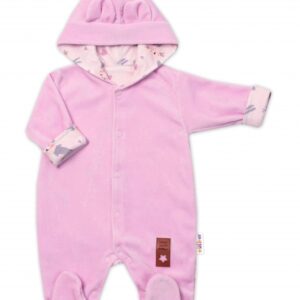 Semiškový, velurový overal s kapucí Baby Nellys Bunny II., růžový, vel. 86