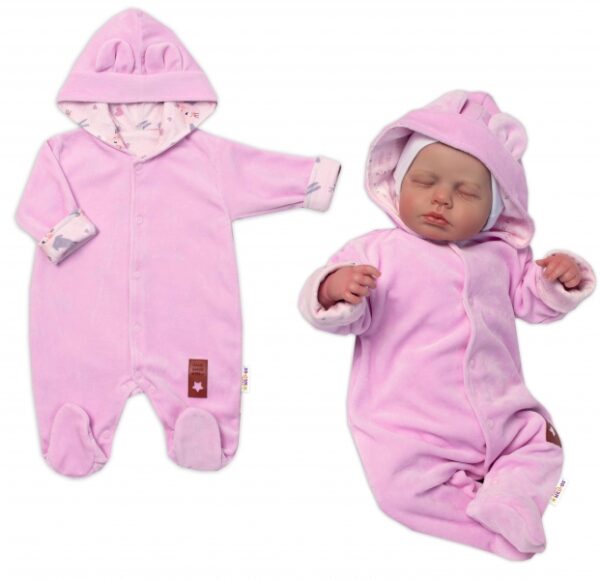 Semiškový, velurový overal s kapucí Baby Nellys Bunny II., růžový, vel. 86 - Image 2