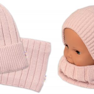 BABY NELLYS Dětská zimní nadčasová čepice + komínek , pudrová