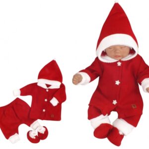 Z&Z 3-dílná pletená souprava, kabátek, kalhoty a botičky Baby Santa, červená, vel. 74