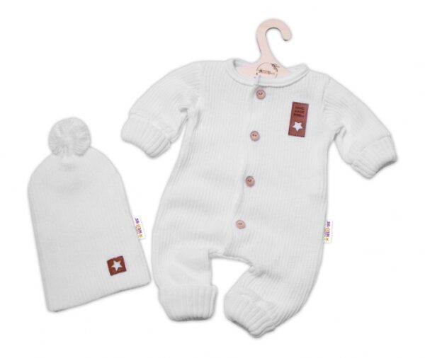 Baby Nellys 2-dílná sada Pletený overálek STAR + čepice Hand Made, bílý, vel. 68/74
