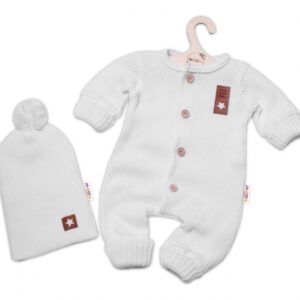 Baby Nellys 2-dílná sada Pletený overálek STAR + čepice Hand Made, bílý, vel. 80/86