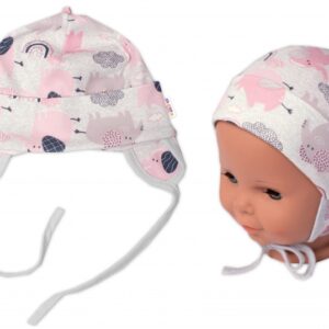 Baby Nellys Bavlněná čepička na zavazování, Sloníci, růžová, lem šedý