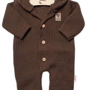 Baby Nellys Pletený overálek s kapucí a knoflíčky Hand Made, hnědý