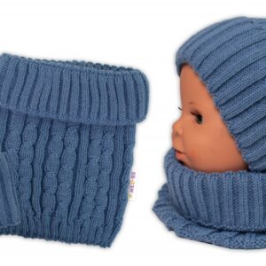 Zimní čepice s bambulí + komínek Baby Nellys - modrá, jeans, vel. 48-52cm