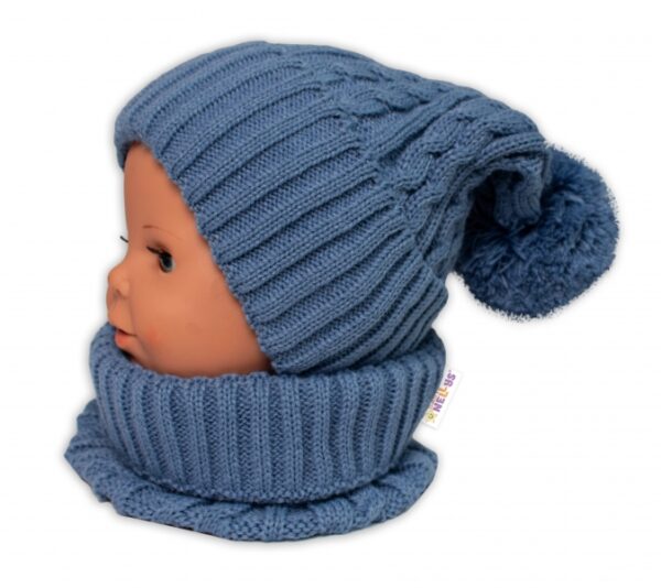 Zimní čepice s bambulí + komínek Baby Nellys - modrá, jeans, vel. 48-52cm - Image 5