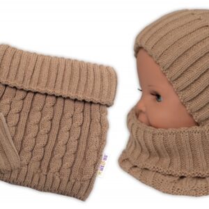 Zimní čepice s bambulí + komínek - béžová, vel. 48-52cm