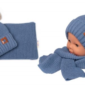 Zimní čepice s kožešinovými bambulemi + šál Baby Nellys Star - modrá, 6/24 měsíců