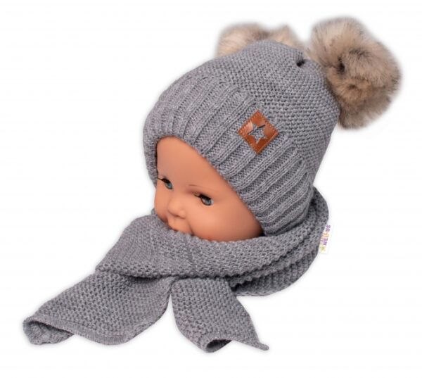 Zimní čepice s kožešinovými bambulemi + šál Baby Nellys Star - šedá, 6/24 měsíců - Image 4