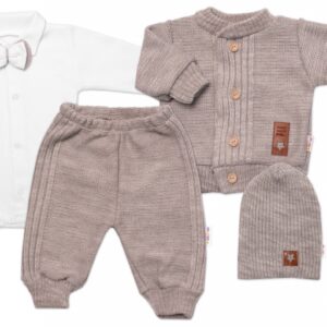 5-dílná pletená sada Baby Nellys, Boy, body, kalhoty, svetr, čepička, motýlek - béžová