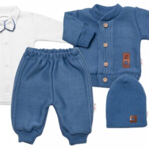 5-dílná pletená sada Baby Nellys, Boy, body, kalhoty, svetr, čepička, motýlek - modrá