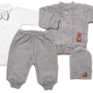 5-dílná pletená sada Baby Nellys, Boy, body, kalhoty, svetr, čepička, motýlek - šedá, 68
