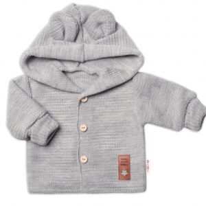 Dětský elegantní pletený svetřík s knoflíčky a kapucí s oušky Baby Nellys, šedý, vel. 68