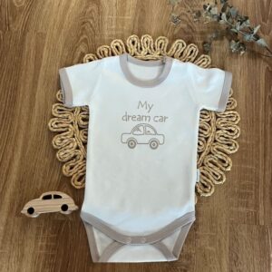 Kojenecké body, kr. rukáv Mamatti, zap. u krku, Dream Car - bílé/šedý lem, vel. 74