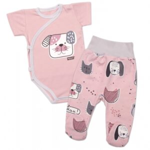 Body kr. rukáv zap. bokem + polodupačky Pejsek a Kočička Mrofi, růžová/šedá