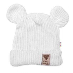 Pletená bavlněná čepice s oušky, dvouvrstvá, Hand Made Baby Nellys, bílá, vel. 80/86