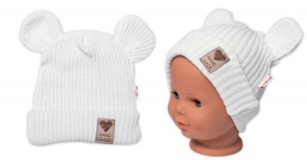 Pletená bavlněná čepice s oušky, dvouvrstvá, Hand Made Baby Nellys, bílá, vel. 80/86 - Image 3