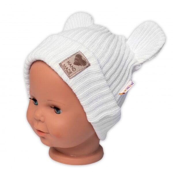 Pletená bavlněná čepice s oušky, dvouvrstvá, Hand Made Baby Nellys, bílá, vel. 80/86 - Image 4
