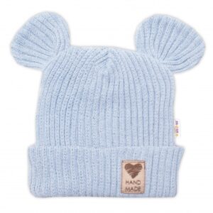 Pletená bavlněná čepice s oušky, dvouvrstvá, Hand Made Baby Nellys, modrá, vel. 80/86
