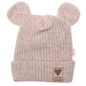 Pletená bavlněná čepice s oušky, dvouvrstvá, Hand Made Baby Nellys, béžová