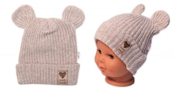 Pletená bavlněná čepice s oušky, dvouvrstvá, Hand Made Baby Nellys, béžová - Obrázek 4