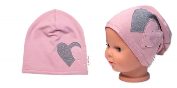 Dětská čepice bavlna, Srdíčka s kamínky, Baby Nellys, pudrová - Obrázek 3